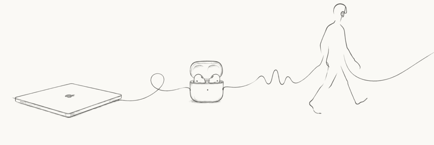 A closed laptop connected by a single line through AirPods to a person walking away, headphones on